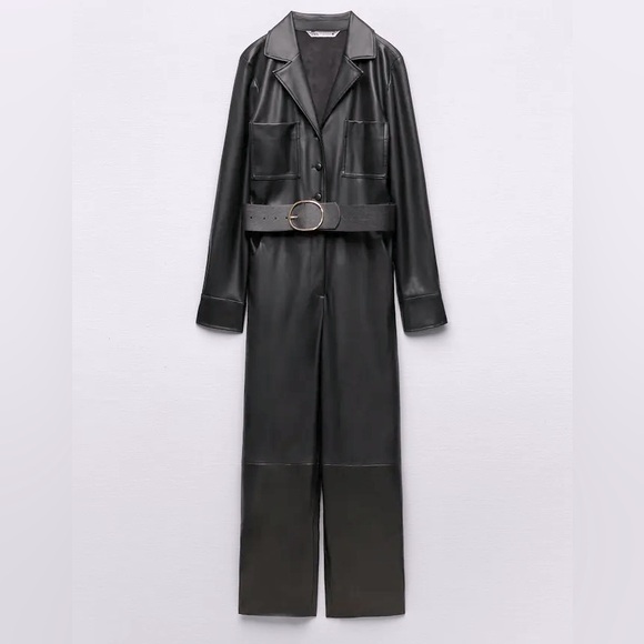 Zara FAUX LEATHER JUMPSUIT V-neck Long Sleeves Front & Back Patch Pockets NEW - Picture 8 of 10